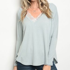 Lightweight Sage V Neck Lace Trimmed Top USA Made
